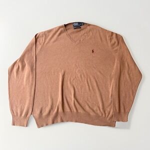 Polo Ralph Lauren Sweater Men's XXL Tan Pima Cotton V Neck Pullover Long Sleeve